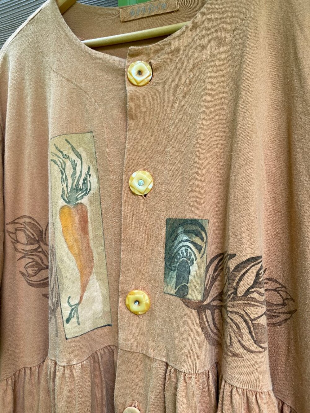 Vintage 1990s Bluefish Carrot & Mushrooms Handpainted Dress w/Pockets -Size Plus - Picture 3 of 8